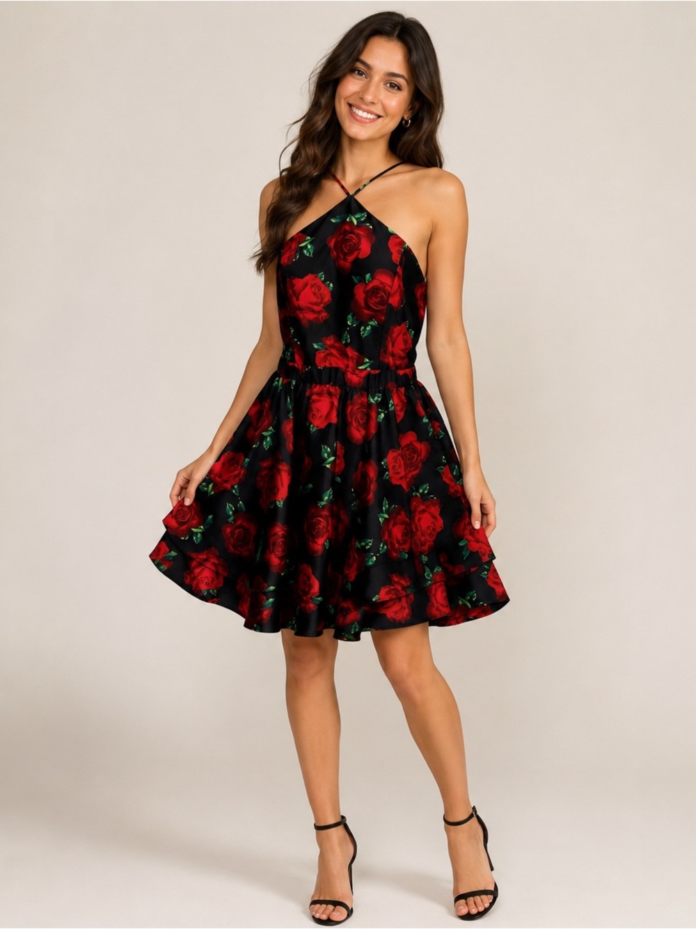 Camille La Vie Red Rose Floral Halter Fit Flare Cocktail‎ Dress Black Satin Sz 7